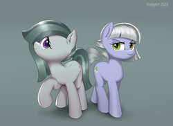 Size: 2844x2072 | Tagged: safe, artist:vinilyart, artist:vinilyart_d, character:limestone pie, character:marble pie, species:earth pony, species:pony, g4, duo, duo female, female, hair over one eye, high res, mare, pie sisters, raised hoof, siblings, simple background, sisters, smiling