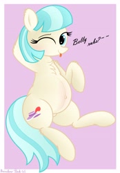 Size: 2655x3813 | Tagged: safe, artist:rainbowšpekgs, character:coco pommel, species:earth pony, species:pony, g4, belly button, chest fluff, cocobetes, cute, dialogue, explicit source, eyebrows, eyelashes, female, gift art, looking at you, mare, one eye closed, outie belly button, pregnant, purple background, simple background, solo, text, tongue out, wink, winking at you