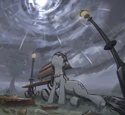 Size: 1280x1171 | Tagged: safe, artist:ciborgen, character:octavia melody, species:earth pony, species:pony, g4, bench, cool, detailed background, manechat challenge, rain, raincloud, solo, storm, street lamp