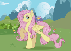 Size: 3156x2272 | Tagged: safe, artist:cursed soul, character:fluttershy, species:pegasus, species:pony, g4, butterfly, cloud, colored eyebrows, cute, eyebrows, female, folded wings, grass, high res, looking at you, mare, mountain, outdoors, raised hoof, raised leg, shyabetes, sky, solo, standing, tree, wings