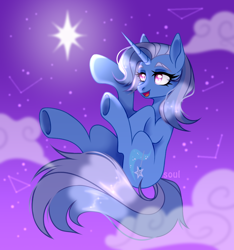 Size: 1060x1132 | Tagged: safe, artist:cursed soul, character:trixie, species:pony, species:unicorn, g4, cloud, constellation, eyebrows, female, horn, mare, open mouth, open smile, sky, smiling, solo, stars, underhoof