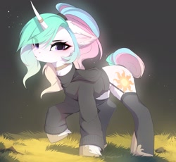 Size: 2387x2200 | Tagged: safe, artist:magnaluna, character:princess celestia, species:pony, g4, alternate hairstyle, clothing, ear fluff, eye clipping through hair, eyebrows, eyebrows visible through hair, female, high res, hoodie, horn, horn jewelry, horn ring, jewelry, looking at you, mare, ponytail, raised hoof, ring, socks, solo, stockings, tail, tail bun, thigh highs