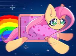 Size: 2700x2000 | Tagged: safe, artist:miryelis, character:fluttershy, species:pegasus, species:pony, g4, :3, big ears, clothing, costume, cute, flying, high res, long hair, nyan cat, rainbow, simple background, smiling, solo, starry eyes, wingding eyes