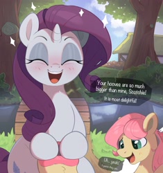 Size: 3762x4000 | Tagged: safe, artist:nookprint, character:fluttershy, character:rarity, species:pony, ship:rarishy, g4, blushing, bridge, butterscotch, cute, dialogue, duo, duo male and female, eyebrows, eyelashes, eyes closed, eyeshadow, female, hoofholding, hooves, horn, makeup, male, mare, open mouth, painted hooves, raribetes, river, rule 63, shipping, speech bubble, stallion, tree, water