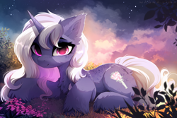 Size: 4020x2680 | Tagged: safe, artist:magnaluna, oc, oc only, oc:gloaming sheen, species:pony, species:unicorn, chest fluff, cloud, ear fluff, eyebrows, female, flower, freckles, grass, high res, horn, looking at you, lying down, mare, prone, smiling, smiling at you, solo, stars, unicorn oc, unshorn fetlocks, ych result