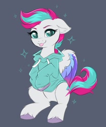 Size: 1689x2019 | Tagged: safe, artist:confetticakez, character:zipp storm, species:pegasus, species:pony, g5, adorazipp, blep, clothing, cute, eyebrows, female, floppy ears, gray background, hoodie, hooves, hooves to the chest, looking at you, mare, partially open wings, simple background, sitting, smiling, smiling at you, solo, sparkles, tongue out, unshorn fetlocks, wings