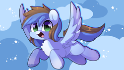 Size: 5175x2910 | Tagged: safe, artist:sakukitty, oc, oc only, oc:djthed, species:pegasus, species:pony, chest fluff, eye clipping through hair, flying, high res, looking at you, male, open mouth, open smile, pegasus oc, signature, smiling, smiling at you, solo, spread wings, stallion, wings