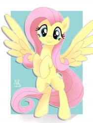 Size: 1068x1414 | Tagged: safe, artist:nekokevin, character:fluttershy, species:pegasus, species:pony, g4, cute, female, looking at you, mare, passepartout, rearing, shyabetes, signature, smiling, smiling at you, solo, spread wings, wings