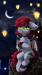 Size: 2391x4250 | Tagged: safe, artist:empress-twilight, oc, oc only, oc:swaybat, species:bat pony, species:pony, bat pony oc, bat wings, choker, coffee, coffee cup, commission, crescent moon, cup, drink, eye clipping through hair, eyebrows, eyebrows visible through hair, floppy ears, high res, jewelry, lantern, moon, necklace, night, night sky, outdoors, sitting, sky, solo, spread wings, unshorn fetlocks, wings, ych result