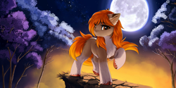 Size: 4740x2370 | Tagged: safe, artist:empress-twilight, oc, oc only, oc:autumn breeze, species:earth pony, species:pony, chest fluff, commission, ear fluff, earth pony oc, eyebrows, eyebrows visible through hair, female, full moon, high res, mare, moon, night, night sky, outdoors, pose, raised hoof, sky, solo, stars, tree, unshorn fetlocks, ych result