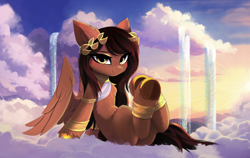 Size: 4390x2772 | Tagged: safe, artist:empress-twilight, oc, oc only, species:pegasus, species:pony, chest fluff, cloud, commission, ear fluff, eyebrows, eyebrows visible through hair, female, frog (hoof), high res, hooves, jewelry, laurel wreath, leaning back, looking at you, mare, on a cloud, partially open wings, pegasus oc, regalia, sitting, sitting on a cloud, sky, smiling, smiling at you, solo, underhoof, unshorn fetlocks, wings, ych result