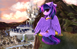 Size: 4893x3154 | Tagged: safe, artist:empress-twilight, character:twilight sparkle, character:twilight sparkle (alicorn), species:alicorn, species:pony, g4, canterlot, canterlot castle, eyebrows, eyebrows visible through hair, female, grass, high res, horn, house, houses, jewelry, looking at you, looking back, looking back at you, mare, necklace, partially open wings, peytral, regalia, scenery, scenery porn, sitting, sky, solo, water, waterfall, wings
