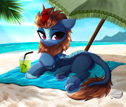 Size: 3340x2826 | Tagged: safe, artist:empress-twilight, oc, oc only, species:kirin, beach, beach umbrella, butt, cloven hooves, drink, eyebrows, female, high res, hooves, kirin oc, looking at you, lying down, non-pony oc, outdoors, plot, seashell, shell, sky, smiling, smiling at you, solo, umbrella, underhoof, unshorn fetlocks, water