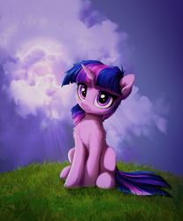 Size: 2684x3245 | Tagged: safe, artist:empress-twilight, character:twilight sparkle, character:twilight sparkle (unicorn), species:pony, species:unicorn, g4, cloud, cute, eyebrows, female, grass, high res, horn, looking at you, mare, outdoors, sitting, sky, smiling, smiling at you, solo, twiabetes