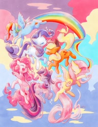 Size: 927x1200 | Tagged: safe, artist:fleebites, character:applejack, character:fluttershy, character:pinkie pie, character:rainbow dash, character:rarity, character:twilight sparkle, character:twilight sparkle (unicorn), species:earth pony, species:pegasus, species:pony, species:unicorn, g4, apple family member, applejack's hat, clothing, colorful, cowboy hat, ears back, eyes closed, female, floppy ears, flying, group, hat, horn, impossibly long tail, mane six, mare, open mouth, open smile, rainbow, rainbow trail, sextet, signature, smiling, spread wings, stetson, tail, wings