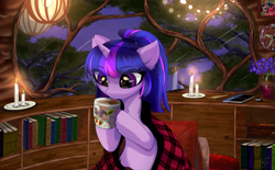 Size: 3782x2340 | Tagged: safe, artist:empress-twilight, character:twilight sparkle, character:twilight sparkle (unicorn), species:pony, species:unicorn, g4, background, blanket, book, bookshelf, candle, clock, coffee, colored hooves, cute, drink, drinking, eye clipping through hair, eyebrows, eyebrows visible through hair, feather, female, flower, high res, holding, hoof hold, hooves, horn, indoors, lantern, leg fluff, mare, mug, night, notebook, picture frame, pillow, ponytail, quill, sky, solo, tongue out, tree, twiabetes, unshorn fetlocks, vase, window