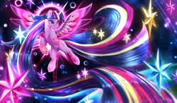 Size: 2400x1400 | Tagged: safe, artist:darksly, character:twilight sparkle, character:twilight sparkle (alicorn), species:alicorn, species:pony, g4, beautiful, belly, chest fluff, colored, ethereal mane, female, flying, galaxy mane, horn, impossibly long mane, lighting, long horn, long mane, long tail, mare, ribcage, shading, signature, smiling, solo, spread wings, starry tail, stars, sternocleidomastoid, tail, twilight sparkle's cutie mark, wings