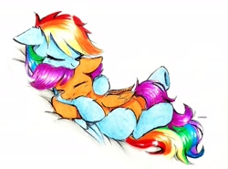 Size: 2503x1853 | Tagged: safe, artist:liaaqila, character:rainbow dash, character:scootaloo, species:pegasus, species:pony, g4, blank flank, butt, cuddling, cute, cutealoo, dashabetes, dawwww, duo, duo female, eyes closed, female, filly, folded wings, high res, liaaqila is trying to murder us, lying down, mare, missing cutie mark, on back, plot, scootalove, signature, simple background, smiling, traditional art, white background, wings, young