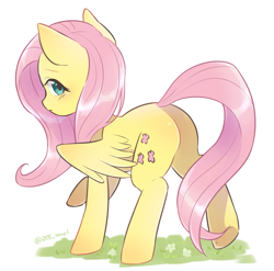 Size: 2001x1978 | Tagged: safe, artist:dos_towel, artist:ドスタオル, character:fluttershy, species:pegasus, species:pony, g4, butt, cute, female, grass, looking at you, looking back, looking back at you, mare, partially open wings, plot, profile, raised hoof, raised leg, shyabetes, signature, simple background, solo, white background, wings