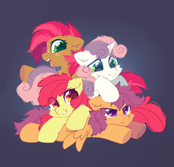 Size: 2300x2200 | Tagged: safe, artist:mirtash, character:apple bloom, character:babs seed, character:scootaloo, character:sweetie belle, species:earth pony, species:pegasus, species:pony, species:unicorn, g4, adorababs, adorabloom, apple family member, cheek fluff, cousins, cuddle puddle, cuddling, cute, cutealoo, cutie mark crusaders, diasweetes, ear fluff, eye clipping through hair, female, filly, freckles, gradient background, group, high res, horn, lying down, open mouth, pony pile, prone, quartet, scootaloo is not amused, smiling, spread wings, unamused, wings, young