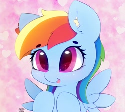 Size: 3000x2700 | Tagged: safe, artist:zokkili, character:rainbow dash, species:pegasus, species:pony, g4, beanbrows, blep, cute, dashabetes, ear fluff, eyebrows, eyebrows visible through hair, heart, high res, signature, solo, spread wings, tongue out, wings
