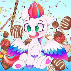 Size: 3000x3000 | Tagged: safe, artist:zokkili, character:zipp storm, species:pegasus, species:pony, g5, adorazipp, chocolate, chocolate-covered strawberry, colored eyebrows, colored eyelashes, colored hooves, colored wings, cute, dawwww, eyebrows, female, floppy ears, food, happy, heart, high res, hoof heart, hooves, mare, multicolored wings, one eye closed, open mouth, open smile, raised hoof, sitting, smiling, solo, spread wings, strawberry, that pony sure does love chocolate, underhoof, unshorn fetlocks, weapons-grade cute, wings