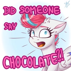Size: 1280x1280 | Tagged: safe, artist:galaxy swirl, character:zipp storm, species:pegasus, species:pony, g5, my little pony: make your mark, my little pony: tell your tale, abstract background, bloodshot eyes, chocolate with nuts, colored eyebrows, colored wings, crossover, dialogue, exclamation point, eyebrows, eyebrows visible through hair, female, floppy ears, folded wings, mare, open mouth, question mark, signature, solo, spongebob squarepants, text, that pony sure does love chocolate, wings