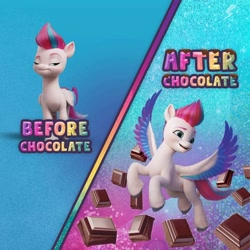 Size: 1080x1080 | Tagged: safe, official, character:zipp storm, species:pegasus, species:pony, g5, my little pony: a new generation, chocolate, colored wings, female, food, mare, multicolored wings, smiling, spread wings, that pony sure does love chocolate, wings