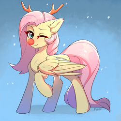 Size: 2048x2048 | Tagged: source needed, safe, artist:fensu-san, character:fluttershy, species:pegasus, species:pony, g4, antlers, blushing, christmas, colored pupils, cute, dawwww, ear fluff, eyebrows, female, high res, holiday, looking at you, mare, one eye closed, raised hoof, red nose, reindeer antlers, shyabetes, signature, smiling, snow, solo, spread wings, three quarter view, wings, wink, winking at you