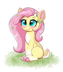 Size: 2622x3000 | Tagged: safe, artist:confetticakez, character:fluttershy, species:deer, g4, antlers, back freckles, blushing, cloven hooves, cute, deerified, eyebrows, eyelashes, female, flutterdeer, freckles, grass, hooves, horns, looking at you, pale belly, shyabetes, simple background, sitting, smiling, solo, species swap, unshorn fetlocks, white belly