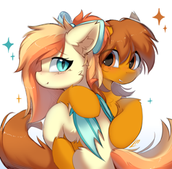 Size: 4808x4720 | Tagged: safe, artist:lunylin, oc, oc only, oc:sunshine drift, oc:zip circuit, species:bat pony, species:earth pony, species:pony, absurd resolution, bat pony oc, bat wings, bow, chest fluff, cute, duo, duo male and female, ear fluff, earth pony oc, eye clipping through hair, eyebrows, eyebrows visible through hair, female, hair bow, hug, looking at you, male, mare, ocbetes, simple background, slit pupils, smiling, smiling at you, sparkles, stallion, white background, wings
