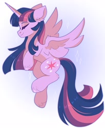 Size: 1678x2048 | Tagged: safe, artist:cinnamontee, character:twilight sparkle, character:twilight sparkle (alicorn), species:alicorn, species:pony, g4, ear fluff, eyebrows, eyes closed, female, horn, leg fluff, mare, smiling, solo, spread wings, tail, wings