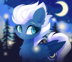 Size: 1765x1510 | Tagged: safe, artist:cinnamontee, character:night glider, species:pegasus, species:pony, g4, blurred background, cheek fluff, chest fluff, crescent moon, cute, ear fluff, eyebrows, female, folded wings, glideabetes, mare, moon, night, night sky, outdoors, sky, smiling, solo, stars, tree, wings