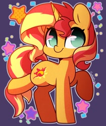 Size: 1200x1431 | Tagged: safe, artist:sakukitty, character:sunset shimmer, species:pony, species:unicorn, g4, my little pony:equestria girls, cute, female, horn, looking at you, mare, purple background, raised hoof, raised leg, shimmerbetes, signature, simple background, smiling, smiling at you, solo