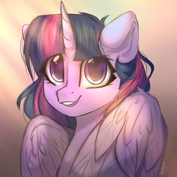 Size: 2000x2000 | Tagged: safe, artist:reterica, character:twilight sparkle, character:twilight sparkle (alicorn), species:alicorn, species:pony, g4, bust, crepuscular rays, cute, female, high res, horn, looking at you, mare, portrait, smiling, smiling at you, solo, twiabetes, wings