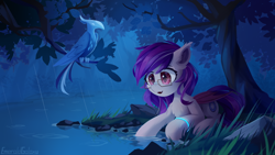 Size: 2650x1490 | Tagged: safe, artist:emeraldgalaxy, oc, oc only, oc:sunset cloudy, species:bat pony, species:bird, species:phoenix, species:pony, bat pony oc, bat wings, eye clipping through hair, eyebrows, eyebrows visible through hair, female, glasses, grass, ice phoenix, lying down, mare, open mouth, outdoors, prone, rain, signature, solo, tree, tree branch, water, wings