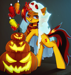 Size: 2159x2291 | Tagged: safe, artist:astralblues, oc, oc only, oc:selest light, species:pony, species:unicorn, chest fluff, clothing, ear fluff, eyebrows, glowing horn, halloween, high res, holiday, horn, jack-o-lantern, leg fluff, levitation, looking at you, magic, open mouth, pumpkin, scarf, solo, telekinesis, unicorn oc
