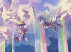 Size: 6000x4400 | Tagged: safe, artist:freeedon, character:derpy hooves, character:fleetfoot, species:pegasus, species:pony, g4, absurd resolution, bag, clothing, cloud, cloudsdale, duo, duo female, ear fluff, female, flying, holding, jumpsuit, letter, looking at each other, looking at someone, mailbag, mailmare, mare, mouth hold, outdoors, rainbow waterfall, scenery, signature, sky, spread wings, wings
