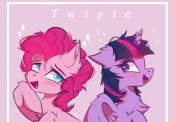 Size: 1240x872 | Tagged: safe, artist:maxi_ponie, character:pinkie pie, character:twilight sparkle, character:twilight sparkle (alicorn), species:alicorn, species:earth pony, species:pony, ship:twinkie, g4, blushing, chest fluff, cute, diapinkes, duo, duo female, ear fluff, eyebrows, female, horn, lesbian, looking at each other, looking at someone, mare, open mouth, open smile, shipping, smiling, smiling at each other, twiabetes, wings