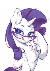 Size: 1535x2185 | Tagged: safe, artist:sione29031414, part of a set, character:rarity, species:pony, species:unicorn, g4, belly, bipedal, blep, chest fluff, cute, ear fluff, eyebrows, female, fluffy, glasses, horn, leg fluff, looking at you, mare, raribetes, simple background, solo, tongue out, underhoof, white background