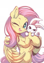 Size: 1535x2185 | Tagged: safe, artist:sione29031414, part of a set, character:angel bunny, character:fluttershy, species:pegasus, species:pony, species:rabbit, g4, belly, bipedal, chest fluff, cute, duo, duo male and female, ear fluff, eyebrows, female, fluffy, leg fluff, looking at you, male, mare, one eye closed, open mouth, open smile, shyabetes, simple background, smiling, smiling at you, unshorn fetlocks, white background, wings, wink, winking at you