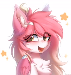 Size: 3883x4096 | Tagged: safe, artist:lunylin, oc, oc only, oc:latandra sweetberry, species:pegasus, species:pony, cheek fluff, chest fluff, colored eyebrows, colored wings, commission, cute, ear fluff, eye clipping through hair, eyebrows, eyebrows visible through hair, female, folded wings, high res, looking at you, mare, ocbetes, open mouth, open smile, pegasus oc, simple background, smiling, smiling at you, solo, sparkles, white background, wings