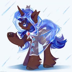Size: 2048x2048 | Tagged: safe, artist:vanilla-chan, oc, oc only, species:pony, species:unicorn, eye clipping through hair, high res, horn, open mouth, rain, raincoat, raised hoof, simple background, solo, underhoof, unicorn oc, white background