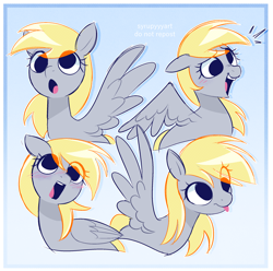 Size: 2372x2357 | Tagged: safe, artist:syrupyyy, character:derpy hooves, species:pegasus, species:pony, ponytober, g4, :o, blep, blushing, cute, derpabetes, emanata, eye clipping through hair, female, floppy ears, folded wings, high res, mare, multeity, no catchlights, open mouth, open smile, smiling, solo, spread wings, tongue out, wings