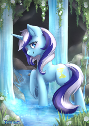Size: 2480x3507 | Tagged: safe, artist:tokokami, character:minuette, species:pony, species:unicorn, g4, blushing, butt, cave, cute, dock, ear fluff, female, flower, high res, horn, lidded eyes, looking at you, looking back, looking back at you, mare, minubetes, plot, profile, raised hoof, rock, smiling, smiling at you, solo, tail, underhoof, water, waterfall