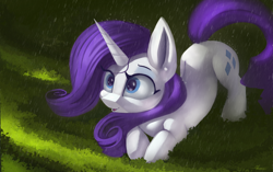 Size: 4198x2633 | Tagged: safe, artist:auroriia, character:rarity, species:pony, species:unicorn, g4, cute, female, grass, high res, horn, mare, open mouth, prone, rain, raribetes, solo, wet
