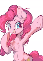 Size: 1535x2185 | Tagged: safe, artist:sione29031414, part of a set, character:pinkie pie, species:earth pony, species:pony, g4, belly, belly button, bipedal, chest fluff, cute, diapinkes, eyebrows, female, mare, open mouth, open smile, simple background, smiling, solo, underhoof, white background