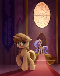 Size: 1516x1920 | Tagged: safe, artist:emeraldgalaxy, character:princess celestia, oc, species:alicorn, species:pony, species:unicorn, g4, commission, duo, eyebrows, female, floppy ears, folded wings, glasses, horn, indoors, leaving, looking back, mare, raised hoof, sad, throne room, unicorn oc, wings