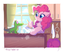 Size: 3000x2454 | Tagged: safe, artist:kejifox, artist:mirtash, character:gummy, character:pinkie pie, species:earth pony, species:pony, g4, alligator, baking, batter, bowl, cheek fluff, chest fluff, collaboration, colored pupils, curtains, cute, diapinkes, duo, ear fluff, eyebrows, female, food, freckles, high res, hoof-friendly tool, indoors, kitchen, looking at each other, looking at someone, male, mare, mixing, mixing bowl, smiling, underhoof, window, wooden spoon