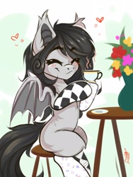 Size: 1200x1600 | Tagged: safe, artist:falafeljake, oc, oc only, oc:boggy, species:bat pony, species:pony, bat ears, bat pony oc, bat wings, belly, clothing, commission, cup, drink, eyebrows, eyebrows visible through hair, eyes closed, female, flower, heart, hoof hold, leg fluff, mare, signature, sitting, smiling, socks, solo, spread wings, stool, table, tea, teacup, vase, wings